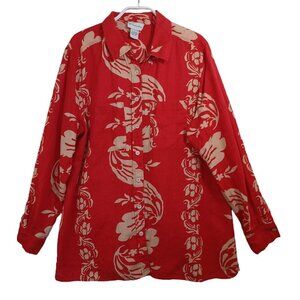 Soft Surroundings Linen Tunic Red Tan Floral Button Up Collared Shirt Womens L